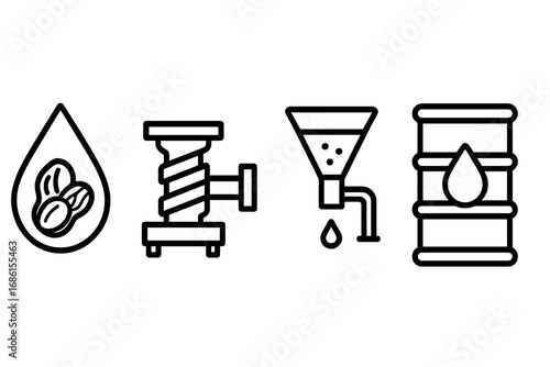 Peanut oil production icon set. Vector outline icons of earthnut oil manufacturing process. Includes expeller screw press, filtration, and storage drum for cold-pressed oil.