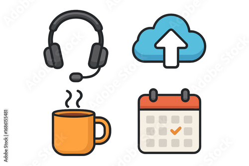 Remote work icon set for business communication and productivity. Headset for support, cloud upload for data storage, coffee break mug, and calendar for schedule planning.