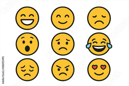 Emoji set with different emotions. Vector cartoon emoticons collection. Smiley face icons for social media. Happy, sad, angry, love, laugh expressions. Flat design graphic element.
