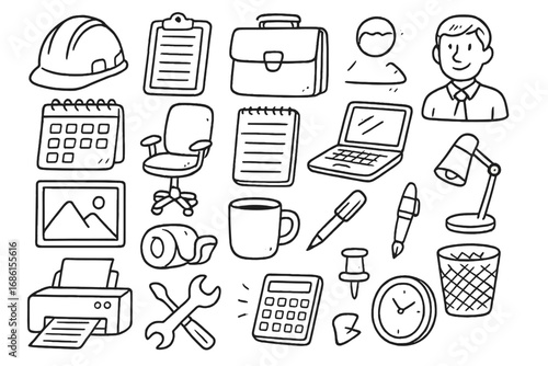 Office supplies and business work icon collection. Hand-drawn doodle set for Labor Day. Includes hard hat, tools, laptop, calendar, briefcase, printer. Vector line art design.