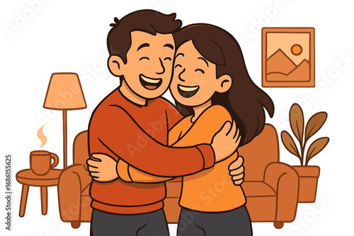 Happy young couple in love hugging. Man and woman embrace in a cozy living room. Relationship, romance, and togetherness concept. Cute cartoon vector illustration at home.