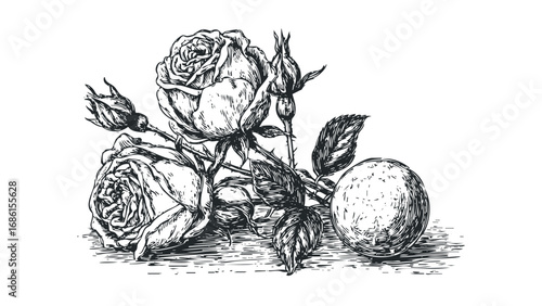 Ink drawing of roses and buds with a sphere on a light background. Vector hand drawn illustration