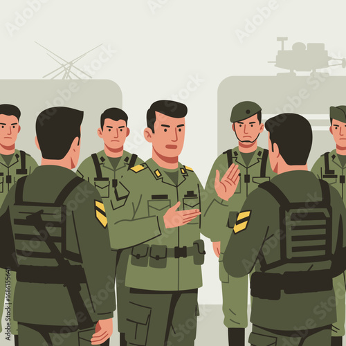 Soldiers in uniform engage in a discussion, likely during a training or briefing session.