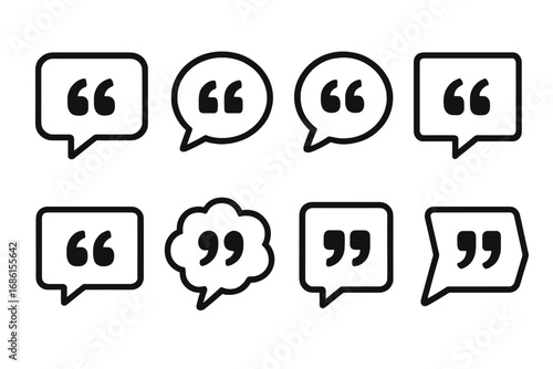 Quote icon set. Collection of speech bubble icons with quotation marks. Vector illustration for testimonials, comments, dialogue, and communication. Message and feedback symbol.