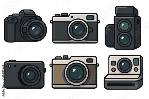 Set of camera icons. Vector illustration collection of photography equipment. Retro film camera, vintage TLR, modern DSLR, instant photo and digital point-and-shoot cameras.