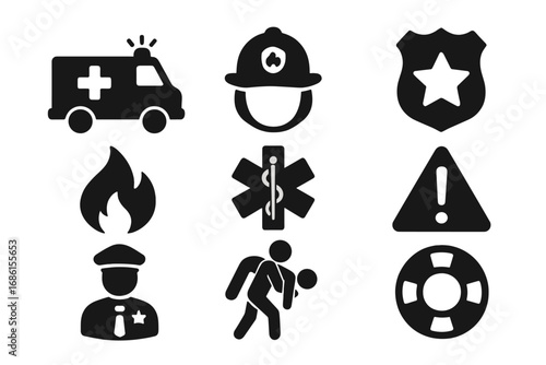 Emergency services icon set. First responder symbols for police, fire, and medical rescue. Vector glyph collection of ambulance, firefighter, cop, and safety signs. Solid silhouette.
