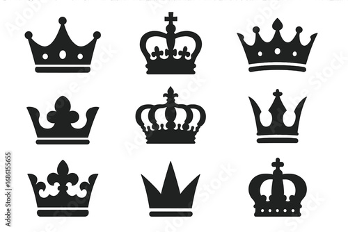 Crown silhouette icon set. Royal majesty symbols collection. King, queen, prince heraldic elements. Luxury authority and power vector graphic. Monarchy insignia logo.
