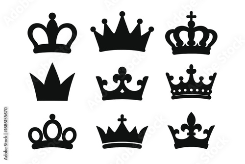 Crown silhouette icon set. Royal majesty symbols collection. Vector pack of king, queen, prince and princess tiaras. Heraldic luxury emblems for logo design. Monarchy power.