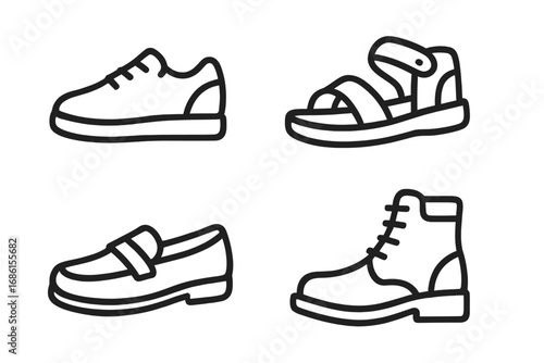 Footwear outline icon set. Shoes, sandals, loafers, and boots in a clean line art style. Vector cartoon illustration collection for fashion, web, and graphic design.
