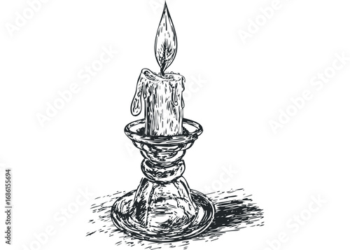 Hand-drawn sketch of a lit candle in an ornate candlestick with dripping wax. Vector hand drawn illustration
