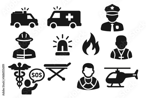 Emergency response icon set. Solid silhouette symbols for safety and rescue services. Vector collection of police, firefighter, ambulance, medical, helicopter, and fire icons.