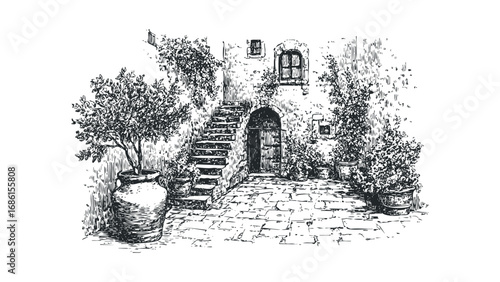 Sketch of outdoor stone staircase with potted plants and arched doorway. Vector hand drawn illustration