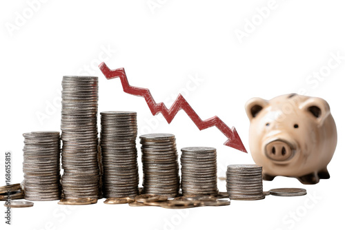 Stacks of coins with a downward trend, and a piggy bank