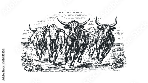 Herd of charging bulls stampede across open grassy terrain. Vector hand drawn illustration