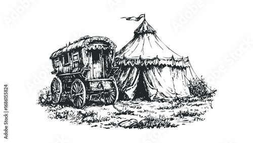 Sketch of a Circled Wagon and Tent on White. Vector hand drawn illustration