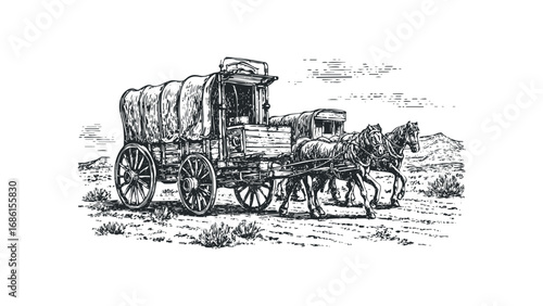Horse-drawn covered wagon traveling across rugged terrain. Vector hand drawn illustration