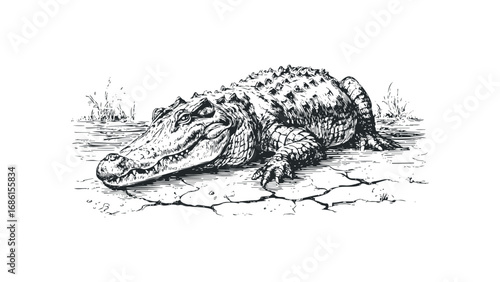 Detailed ink drawing of an alligator resting near reeds on cracked earth. Vector hand drawn illustration