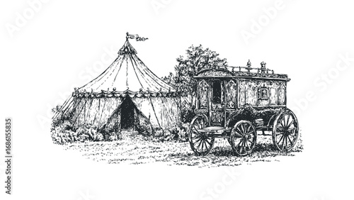Vintage circus tent and ornate caravan depicted in a black and white sketch. Vector hand drawn illustration