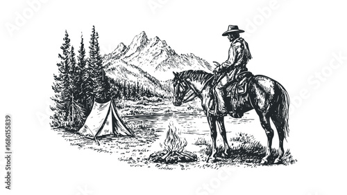Lone cowboy on horseback at campsite with campfire and mountains. Vector hand drawn illustration
