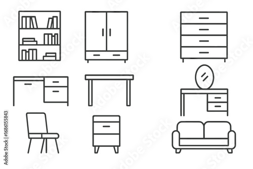 Furniture line icon set. Home and office interior design elements. Vector collection of minimalist outline symbols: sofa, chair, desk, table, wardrobe, dresser, bookshelf.