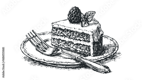 Detailed line drawing of a layered cake slice with raspberry and mint garnish on a plate with a fork. Vector hand drawn illustration