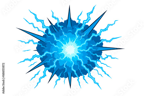 Intense blue energy explosion vector, powerful electric burst radiating outward, dynamic lightning, shockwave impact, abstract bright blast, electrical storm, cartoon style transparent background