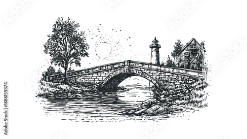 Sketch of an old stone bridge with a lighthouse and house on a clear day. Vector hand drawn illustration