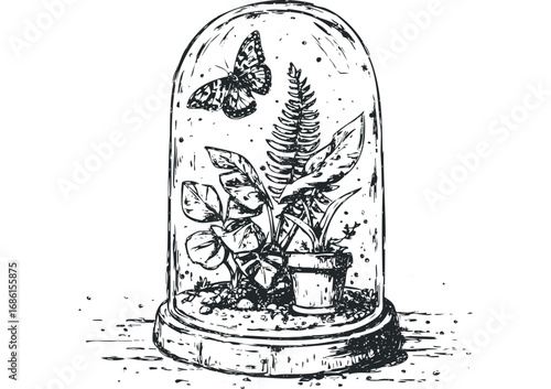 Hand-drawn sketch of a butterfly flying inside a glass dome with plants. Vector hand drawn illustration