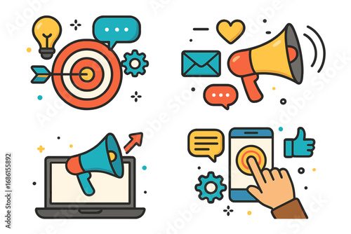 Digital marketing strategy icon set. Social media engagement, email advertising, and audience targeting. Business promotion campaign concept. Mobile communication tools for growth.