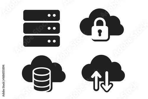 Cloud computing solid icon set. Vector glyphs for database, server hosting, and secure data storage. Icons for network traffic, upload, download, and cloud security.