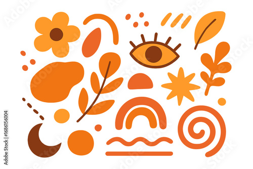 Abstract boho shapes set. Hand drawn doodle clipart. Modern minimalist vector illustration. Botanical and celestial elements, eye, rainbow, flower, moon. Warm autumn colors.