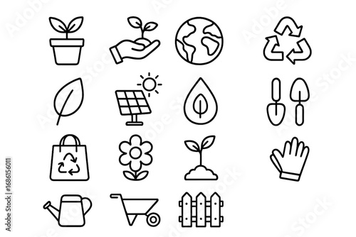 Gardening and environment outline icon set. Eco-friendly, sustainable living concepts. Vector collection of nature, ecology, recycling, and solar energy symbols.