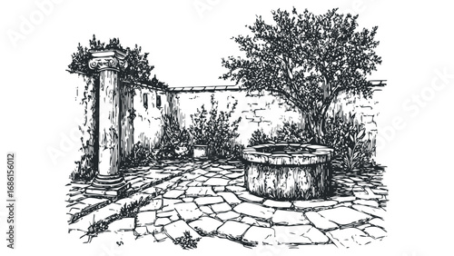 Sketch of a stone courtyard with a column and old well. Vector hand drawn illustration