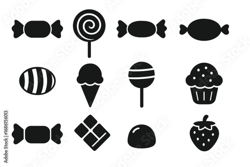 Dessert silhouette icon set. Sweet treats graphic. Candy, cookie, cake, lollipop, chocolate, ice cream icons collection. Vector cartoon illustration symbol. Food sweets.