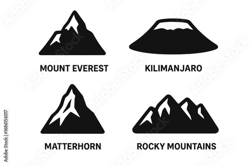 Famous mountain icon set. Solid filled silhouettes of world landmarks: Mount Everest, Kilimanjaro, Matterhorn, Rocky Mountains. Vector graphic for travel, adventure, nature logo.