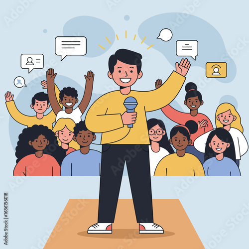 A speaker engages an enthusiastic audience with a microphone, showcasing communication.