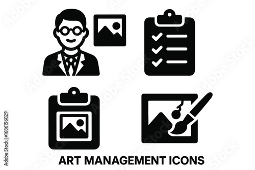 Art management solid icon set. Vector glyph pictograms for art curator, gallery exhibition, museum collection. Curation checklist, artwork restoration, and conservation symbols.