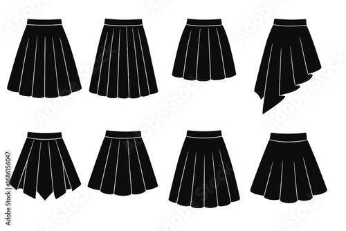 Skirt silhouette vector collection. Set of different women's fashion apparel icons. Includes pleated, flared, A-line, mini, midi, asymmetrical, and handkerchief hem designs.