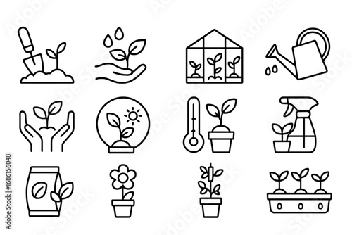 Gardening and plant care line icon set. Vector outline icons for horticulture and agriculture. Concepts of growth, planting, seedlings, greenhouse, watering, tools, sprout.