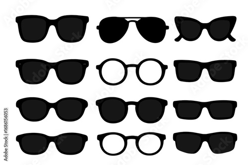 Sunglasses silhouette collection. Glasses frames set. Fashion eyewear icons. Retro and modern eyeglasses. Sun protection accessory. Aviator, cat eye style. Vector for design.