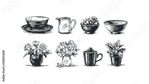 Black and white sketch of assorted decorative ceramics and floral arrangements. Vector hand drawn illustration