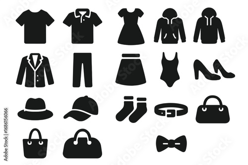 Fashion icon set with clothing and accessory silhouettes. Vector glyphs of shirt, dress, hoodie, suit, skirt, pants, hat, bag, shoes, belt. Men and women apparel symbols.