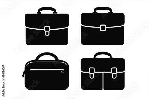Set of business briefcase silhouettes. Vector icon collection of portfolio and diplomat bags. Simple black graphic element for corporate design. Professional accessory isolated.