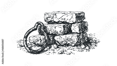 Sketch of stacked rough bricks with a metal ring and scattered stones. Vector hand drawn illustration