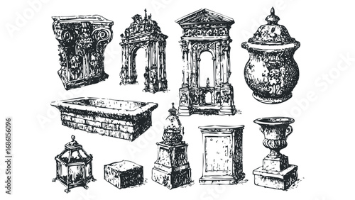 Antique architectural elements and urns collection sketch. Vector hand drawn illustration