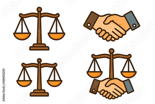 Scales of justice and handshake icon set. Legal partnership, business agreement, and fair deal concept. Law, court, and collaboration metaphor. Vector cartoon illustration.