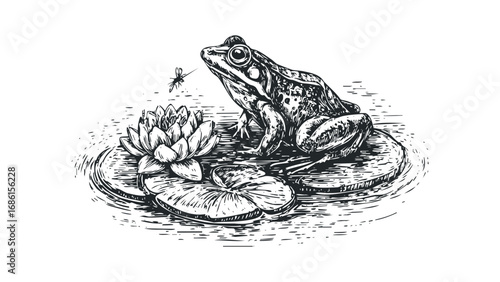 Woodcut Frog on Lily Pads with Insect. Vector hand drawn illustration