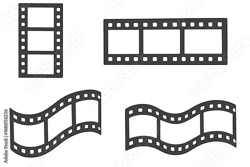 Classic film strip collection for visual storytelling. Retro movie reel, photo negative frames. Cinema, film production concept. Vector graphic element for media projects.