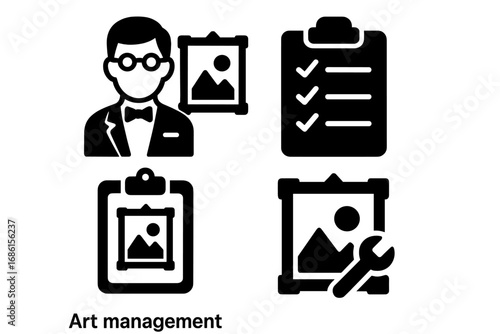 Art management icon set. Solid glyph icons of a curator, art restoration, and gallery inventory checklist. Vector symbols for museum, collection management and art appraisal.