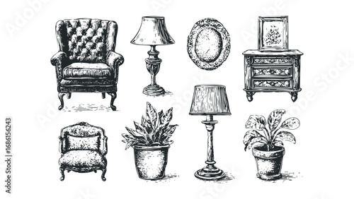 Vintage Furniture and Decor Elements Collection on Transparent Background. Vector hand drawn illustration